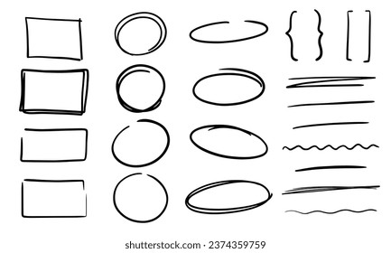 Conjunto de elementos dibujados a mano para seleccionar texto. Conjunto de rectángulos, óvalos, elipses. Campo de texto y marcos. Seleccione los marcos del círculo en estilo doodle. Resaltar texto, selección de texto.
