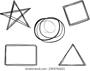 Set of hand drawn elements for selecting text. star, round, rectangular and triangle frames and labels.