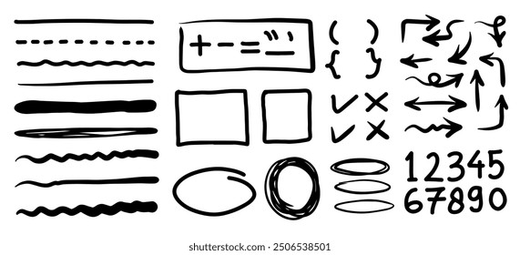 Set of hand drawn elements for selecting text.Hand drawn frames, circle and arrows on white background.