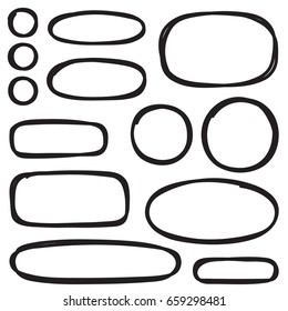 Set of hand drawn elements for selecting text. Oval, round and rectangle frame.