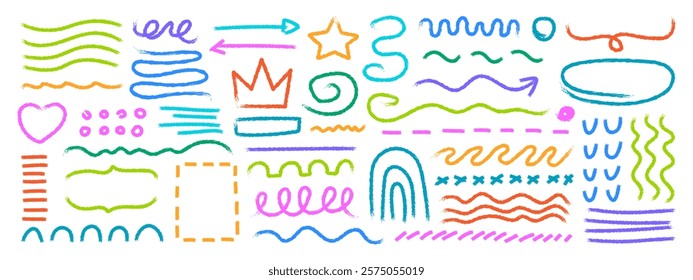 Set of hand drawn elements, shapes, arrows created with a crayon effect. Collection of different line styles, such as straight lines, wavy lines, frames, arch vector illustration