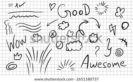 Set of hand drawn elements. sketch lines, arrows, crown, clouds, sun, good, awesome wow text, heart, highlight, speech bubble, underline, sparkle shape. vector illustration