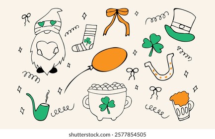 Set of hand drawn elements for St. Patrick's Day. Gnome, pipe, clover, pot with gold coins. Template for postcard, invitation, advertising. Vector illustration.