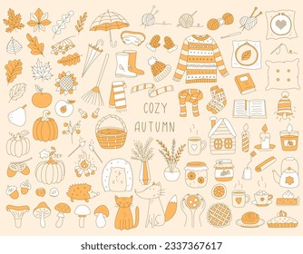 Set of hand drawn elements symbolizing autumn, comfort, harvest. Color monochrome design objects for fall, autumn design. Warm clothes, leaves, hot drinks. Vector illustration isolated on white.