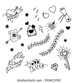 Set of hand drawn elements in tattoo style, vector illustration