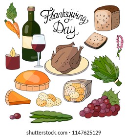 A set of  hand drawn elements for the Thanksgiving Day holiday on a white background. Festive table.