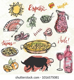 Set of hand drawn elements typical for Spanish culture. Translation of words "hello. Spain. holiday."