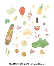 Set of hand drawn elements of Vietnamese cuisine and culture. Vector illustration country vietnam.
