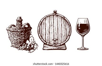 Set of hand drawn elements for wine design. Demijohn bottle with bunch of grapes, old wooden barrel with tap, glass of wine in vintage engraving style. Vector illustration Isolated on white background