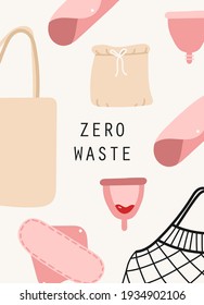 Set of hand drawn elements of women menstruation period theme, feminine hygiene products as pads, menstrual cups, etc.
