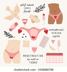 Conjunto de elementos dibujados a mano del tema del periodo menstrual femenino, productos de higiene femeninos como toallitas, tazas menstruales, etc.