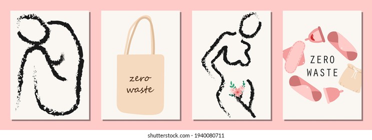 Conjunto de elementos dibujados a mano del tema del periodo menstrual femenino, productos de higiene femeninos como toallitas, tazas menstruales, etc.