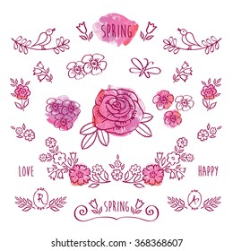 The set of hand drawn elements for your design on the pink watercolor background. Elements for Valentine's Day, mother's day, birthday, wedding, easter. Doodles, sketch. Vector.