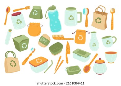 Set of Hand drawn elements of zero waste life Element Collections, Eco style. No plastic. Go green. Wooden tools. Reduce Reuse Recycle.