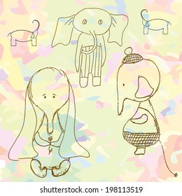 Set of hand drawn elephant characters. Vector Illustration