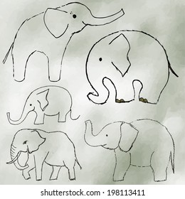 Set of hand drawn elephants. Vector Illustration