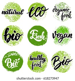 Set of hand drawn emblems. Eco food, organic food, bio, vegan, natural. Design elements for logo, label, badge, sign. Vector illustration