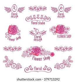 The set of hand drawn emblems and floral signs for flower shop. Labels for your design on the pink watercolor background. Doodles, sketch. Vector illustration.