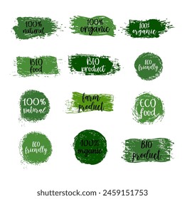 Set of hand drawn emblems with organic food, eco food, fresh, natural, gluten free, bio food. Vector design element