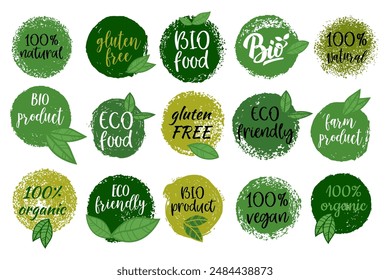 Conjunto de emblemas dibujados a mano con alimentos orgánicos, alimentos ecológicos, frescos, naturales, sin gluten, bio alimentos. elemento de diseño de Vector