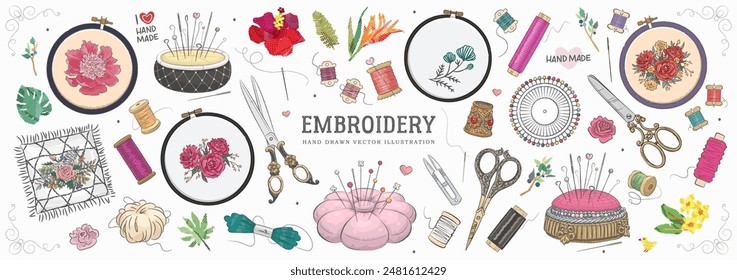 Set of hand drawn embroidery tools and supplies isolated on white background. Embroidery frame, spool, needle, scissors, pin cushion, embroidered flowers. Vector illustration