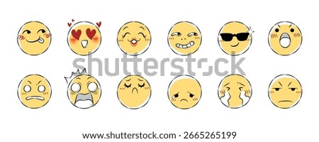 Set of hand drawn emoji icon . Facial expression cartoon illustration . Collection 2 of 3 . Vector .