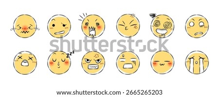 Set of hand drawn emoji icon . Facial expression cartoon illustration . Collection 3 of 3 . Vector .