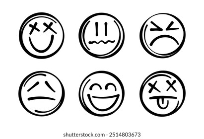 Set handgezeichneter Emojis. Vector Emoticon Design-Elemente für Banner, Flyer, Karten, Poster, Collagen, Anzeigen und Web.