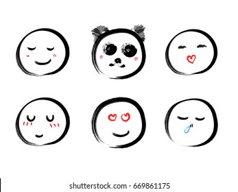 Set of hand drawn emoticons and panda face isolated on white background. EPS10 vector illustration. Smiley face.