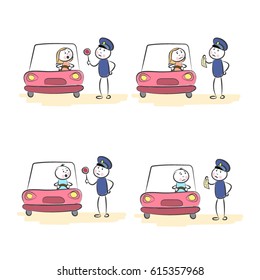 set hand drawn emotions of a man and woman driver after a meeting of a policeman. Doodle miniature scenes. Hand drawn vector illustration for web design and infographic.  