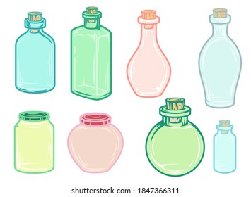 Set hand drawn empty color glass jars and bottles in cartoon vintage style isolated on white background. Bright vector illustration.