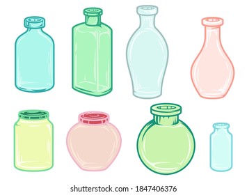 Leere, handgezeichnete Glasgläser und Flaschen im Stil von Cartoon Vintage einzeln auf weißem Hintergrund. Helle Vektorgrafik.