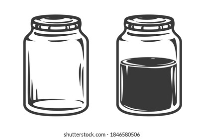 Set hand drawn empty and filled glass jar in cartoon vintage style isolated on white background. Monochrome vector illustration.