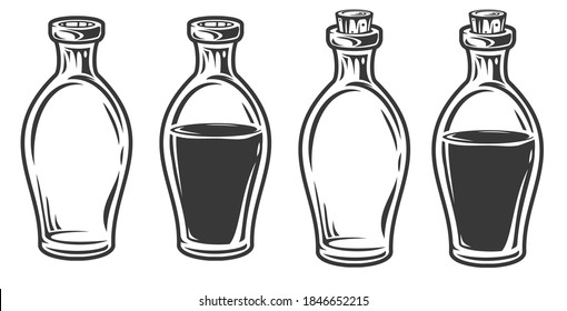 Set hand drawn empty and filled glass bottles in cartoon vintage style isolated on white background. Monochrome vector illustration.