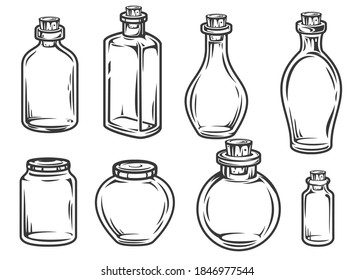 Set hand drawn empty glass jars and bottles in cartoon vintage style isolated on white background. Monochrome vector illustration.