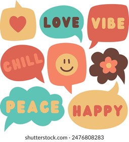 Set of hand drawn empty speech bubble set in retro colors. Vector hippie elements for text	