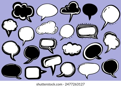 Set of hand drawn empty speech bubbles. Speech balloon, chat bubble. Trendy comic doodles. Freehand drawing