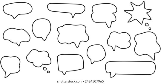 Set of hand drawn empty transparent comic speech bubbles. Doodle talk bubble. Simple sketch pop art style circle, cloud, rectangle, star speech bubble elements collection