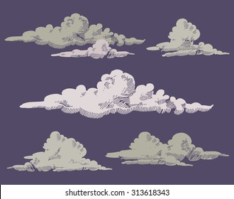 Set Of Hand Drawn Engraved Grey Clouds