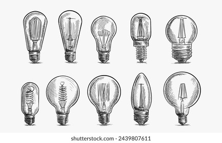 Set of Hand Drawn Engraving Pen and Ink Light Bulb Vintage Vector Illustration