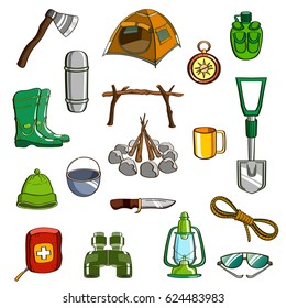 Set of hand drawn equipment for camping. Objects isolated on white background. Vector icons