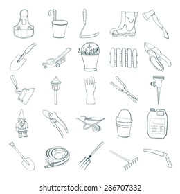 Set of hand drawn equipment for gardening.