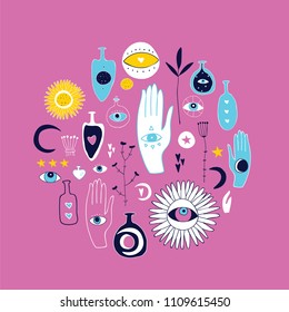Set of hand drawn esoteric mystic magical spiritual elements on pink background Sacred signs and symbols Third eye Sun Moon phase Witchcraft herbs Jars Bottles Colorful cute Vector illustration