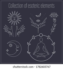 Set of hand drawn esoteric mystic symbols and elements. Sun, moon cycle, lotus, meditation, yoga, stars, hands. Alchemy, sacred geometry, chakras, spirituality, astrology line art collection.