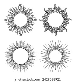 Set of hand drawn etching style frames in a shape of sun rays vector illustration