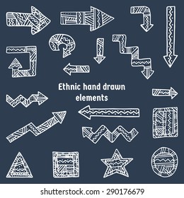 Set of hand drawn ethnic arrows and shapes. Decorative design elements.