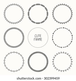 Set of hand drawn ethnic arrows frame. Doodles style. Tribal native aztec vector illustration. Decorative isolated elements, border, label for text. Ink collection of symbols. 