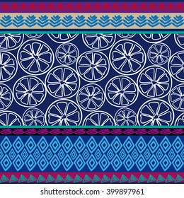 Set of hand drawn ethnic borders. Oranges seamless pattern, geometric doodle stripes. Bohemian textile collection. Blue, purple, turquoise shadows.