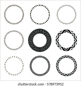 Set Of Hand Drawn Ethnic Circle Frames. Doodles Style. Tribal Native Aztec Vector Illustration. Decorative Isolated Elements, Border, Label For Text. Ink Collection Of Symbols.