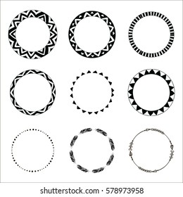 Set Of Hand Drawn Ethnic Circle Frames. Doodles Style. Tribal Native Aztec Vector Illustration. Decorative Isolated Elements, Border, Label For Text. Ink Collection Of Symbols.